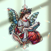 Reading Angel Acrylic Suncatcher, Stained Glass Style Window Art, Fairy with Book Decor, Spiritual Gift for Book and Angel Lovers